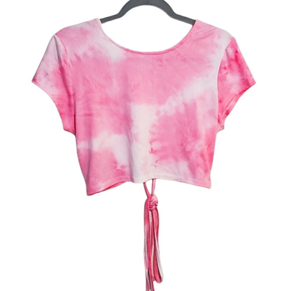Pink tie dye crop top with draw string design at the back of the shirt.